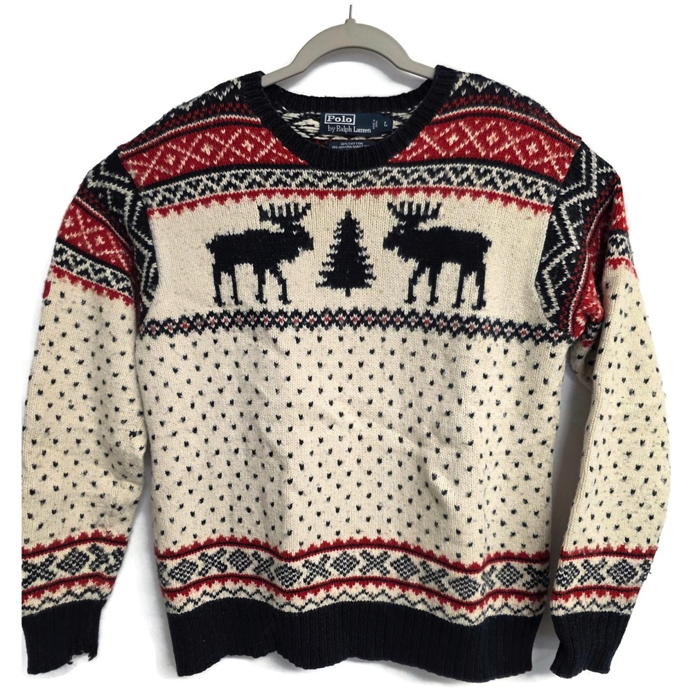 Polo Ralph Lauren Vtg Hand Knit Cashmere Angora Rabbit Sweater Reindeer Size XL